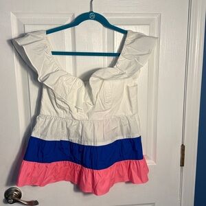 Lilly‎ Pulitzer Womens 4 Emie Ruffle Top White Blue Pink NWT